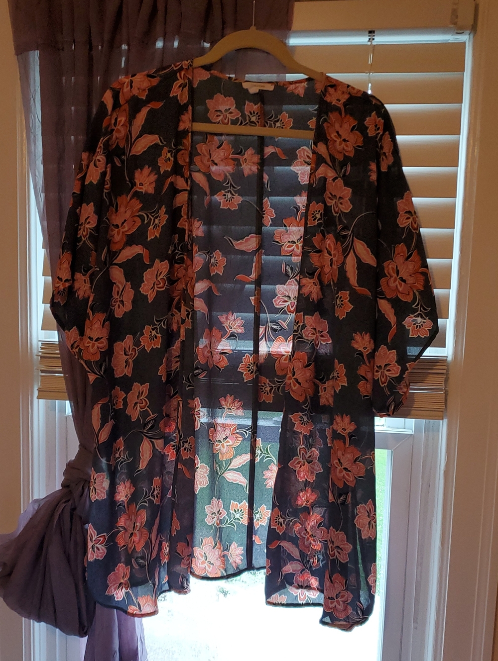 Maurices Gray Sheer Floral Kimono with Coral Flowers